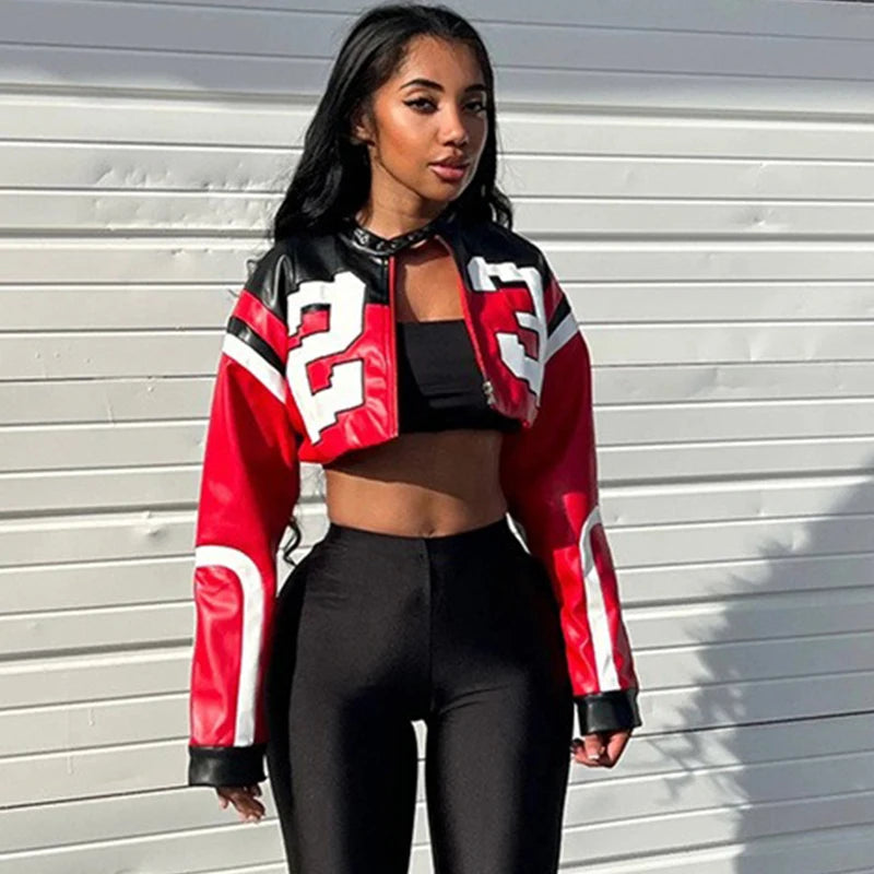 Women Crop Coat New Streetwear Fashion Letter Print Autumn Casual Sporty Wild Clothing Uniform Trend Female Faux Leather Jacket