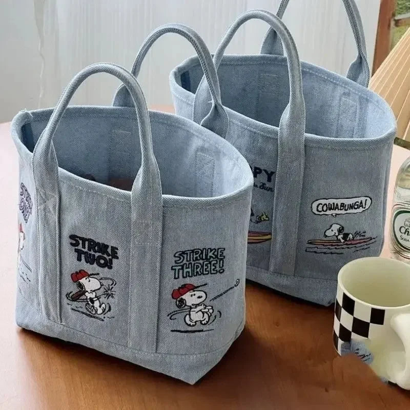 Snoopy Cute Kawaii Embroidered Canvas Mom Bag Lunch Office Bag Girls Student Outing Large Capacity Cartoon Print Handbag