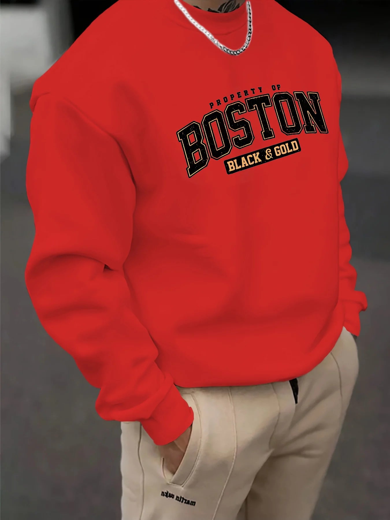 Men's autumn and winter fashionable casual loose Boston black golden letter graphic fleece long sleeved round neck sweatshirt