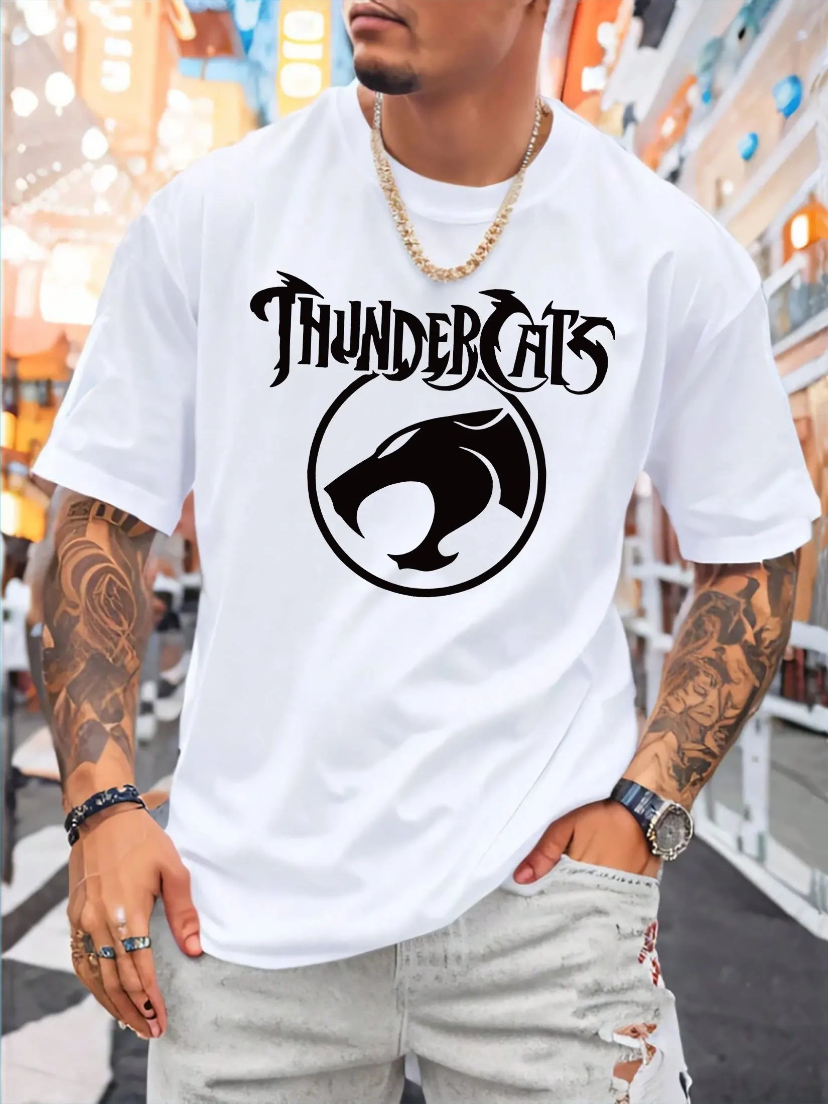 Men s  Women s Urban Casual Short Sleeve T Shirt   ThunderCats Graphic Print  Vibrant Blue  Regular Fit  3 Season Comfort