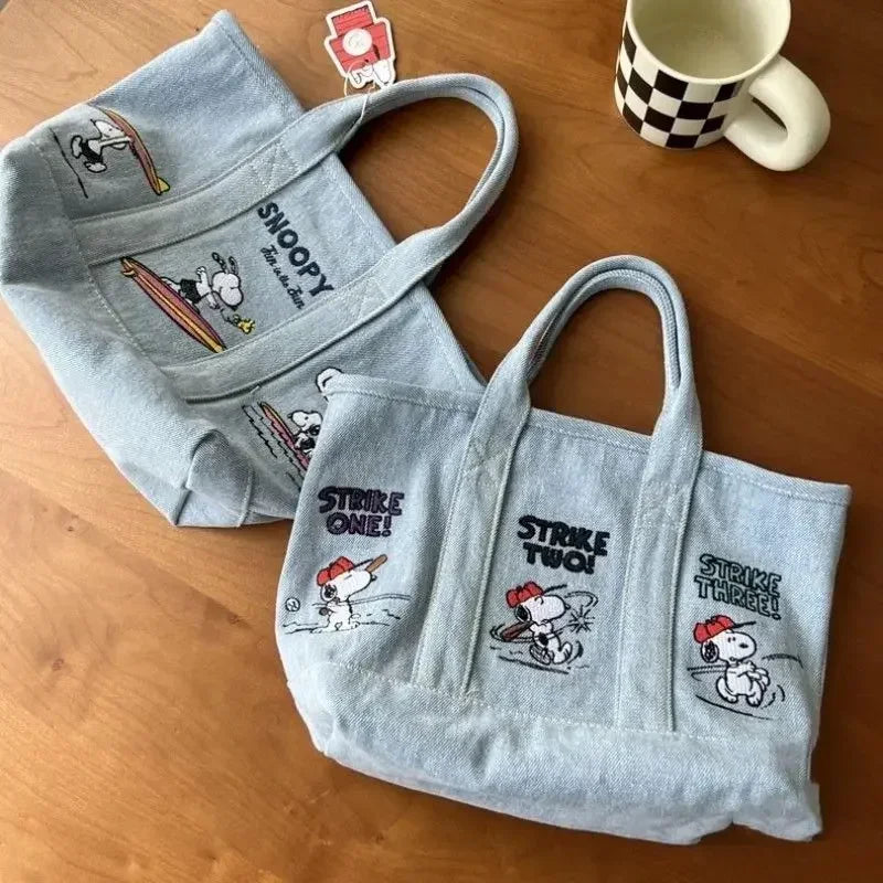 Snoopy Cute Kawaii Embroidered Canvas Mom Bag Lunch Office Bag Girls Student Outing Large Capacity Cartoon Print Handbag