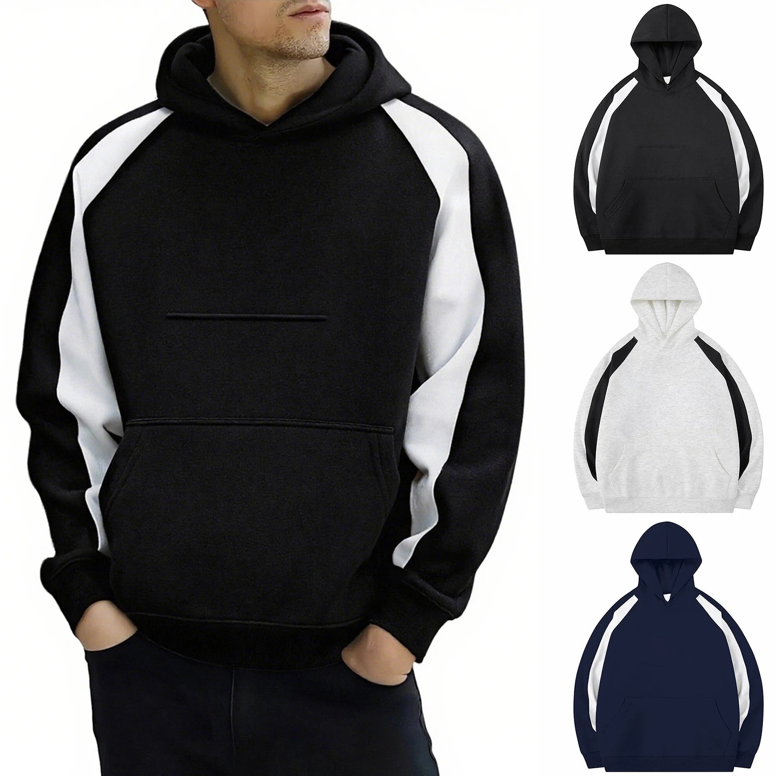 Winter Men'S Fashionable Color Blocked Warm Hoodie Comfortable Breathable And Soft Pullover Sweater For Daily Wear And Vacation