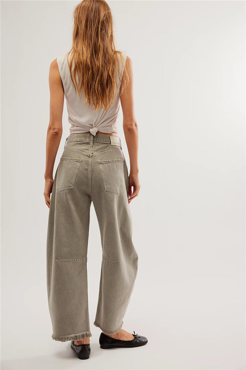 Women's Baggy Vintage Boyfriend Jeans Wide Leg Mid Rise Barrel Cropped Raw Hem Denim Ankle Pants Fashion Streetwear
