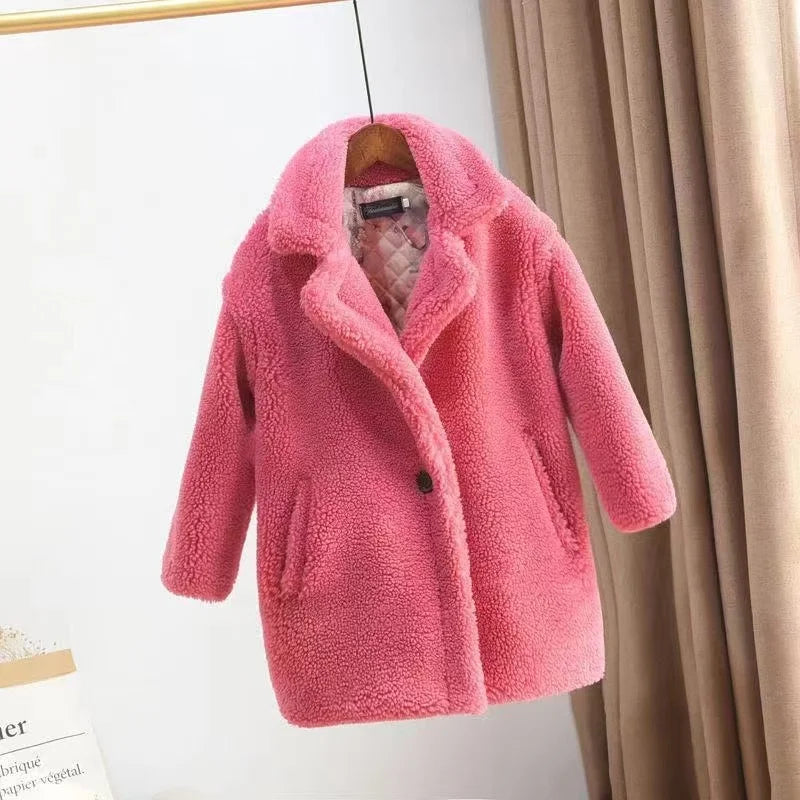 2025 New Winter Clothes for Girls Trench Coat Shorn Sheepskin Solid Color Long Overcoat Unisex Thicken Fur Turn Down Coolar