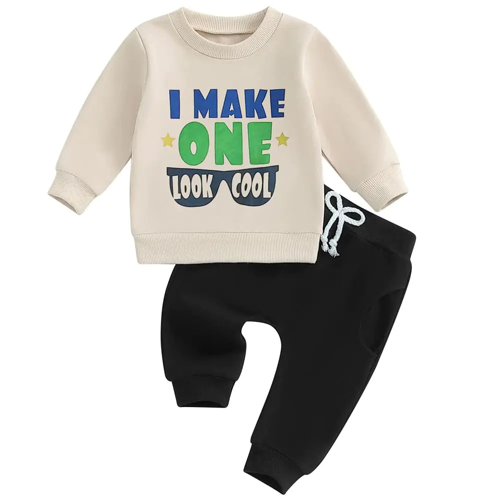 Baby Boys First Birthday Outfit I Make One Look Cool Sweatshirt and Jogger Pants Set(Beige Glasses12-18 Months)