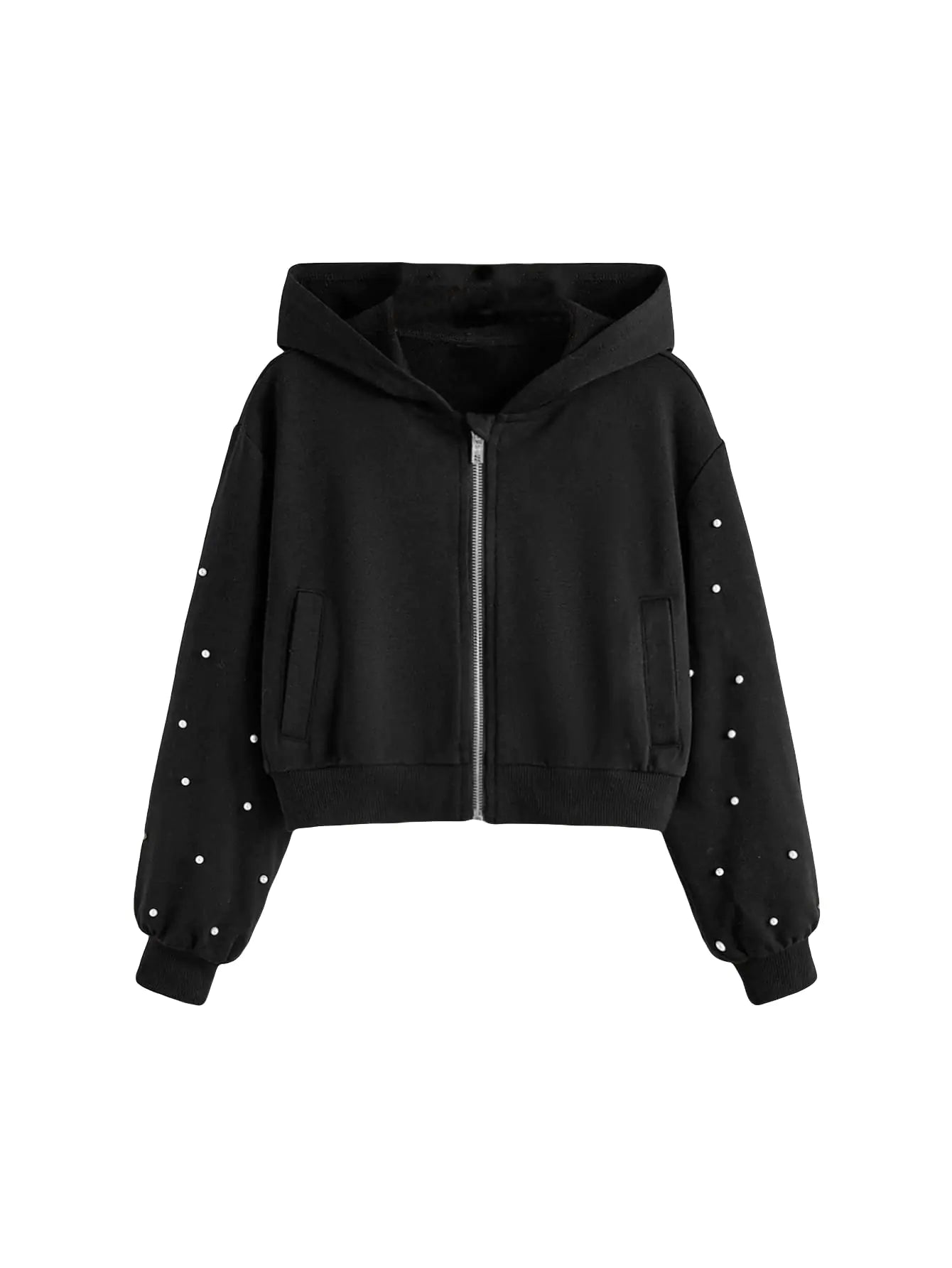 WDIRARA Girls Zip Front Hoodie Pocket Casual Long Sleeve Sweatshirt Tops Pearls Black 8Y