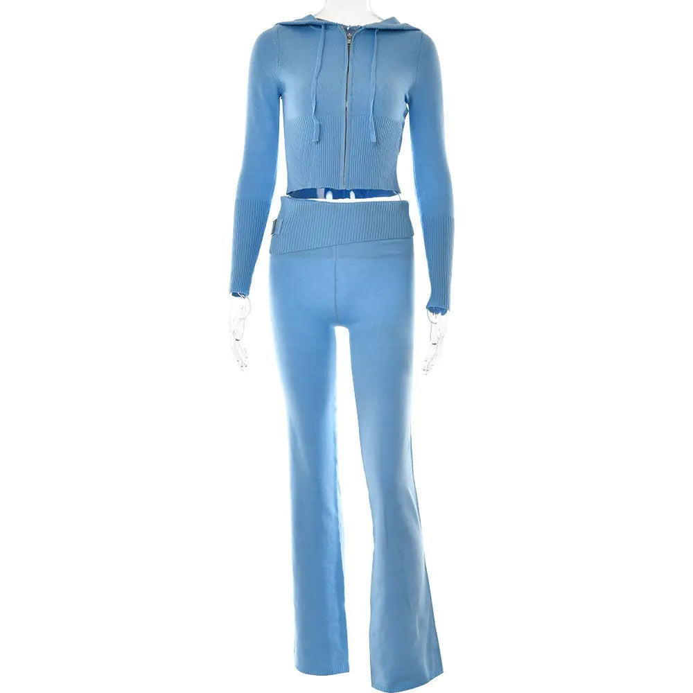 2023 Women's Fashion Knit Hoodie Set - Long Sleeve Pants
