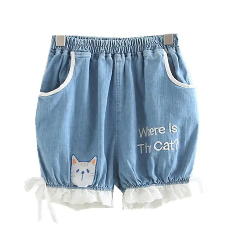 Embroidered Jean Shorts with Cat Head Design