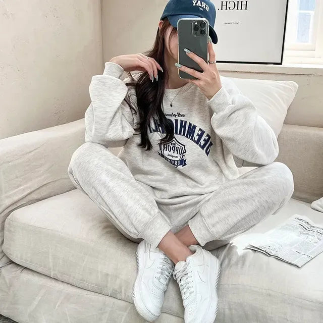 Women's Casual Fleece Tracksuit Set with Letter Print