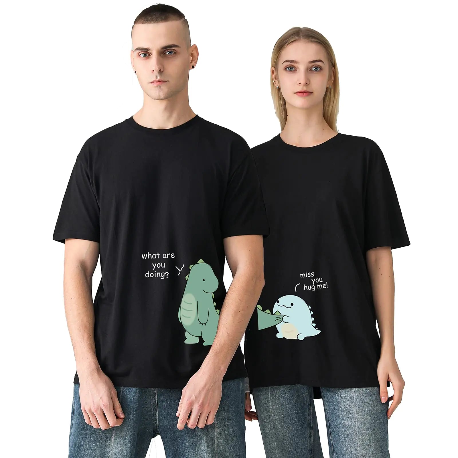 Lovely Dinosaur Matching Couple T-Shirt for Husband WifePure Cotton Matching T-Shirt for Lover(Priced for 1 T-Shirt) Blue-Black-S
