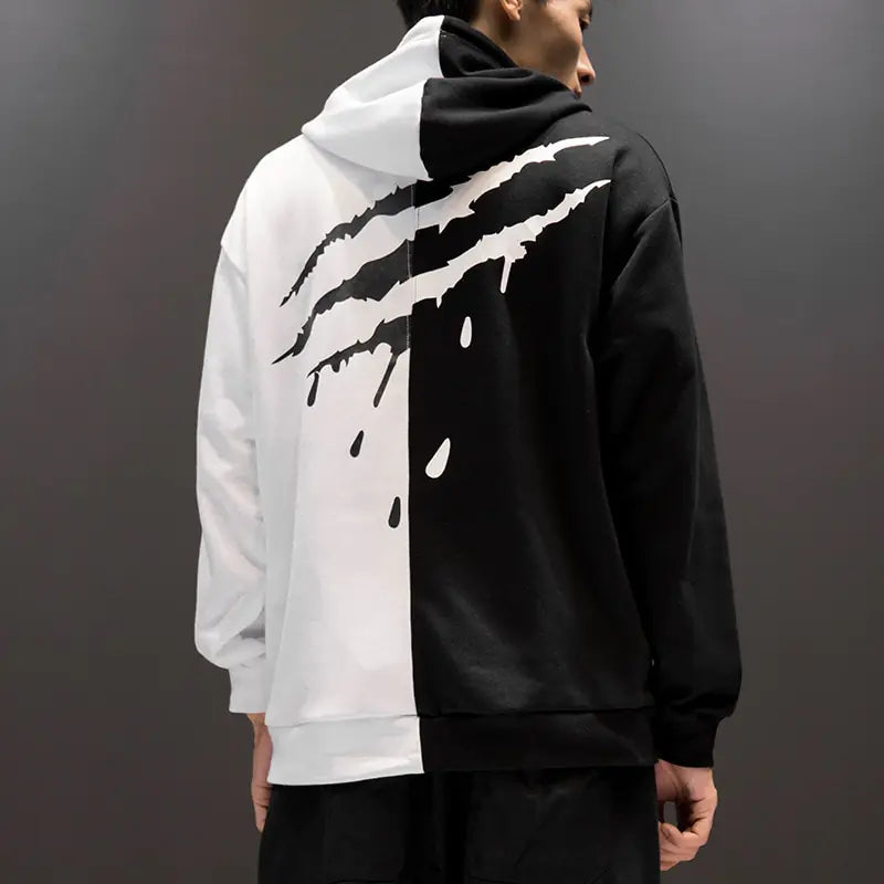 Men's Scratch Print Hoodie, Casual Black and White Jacket