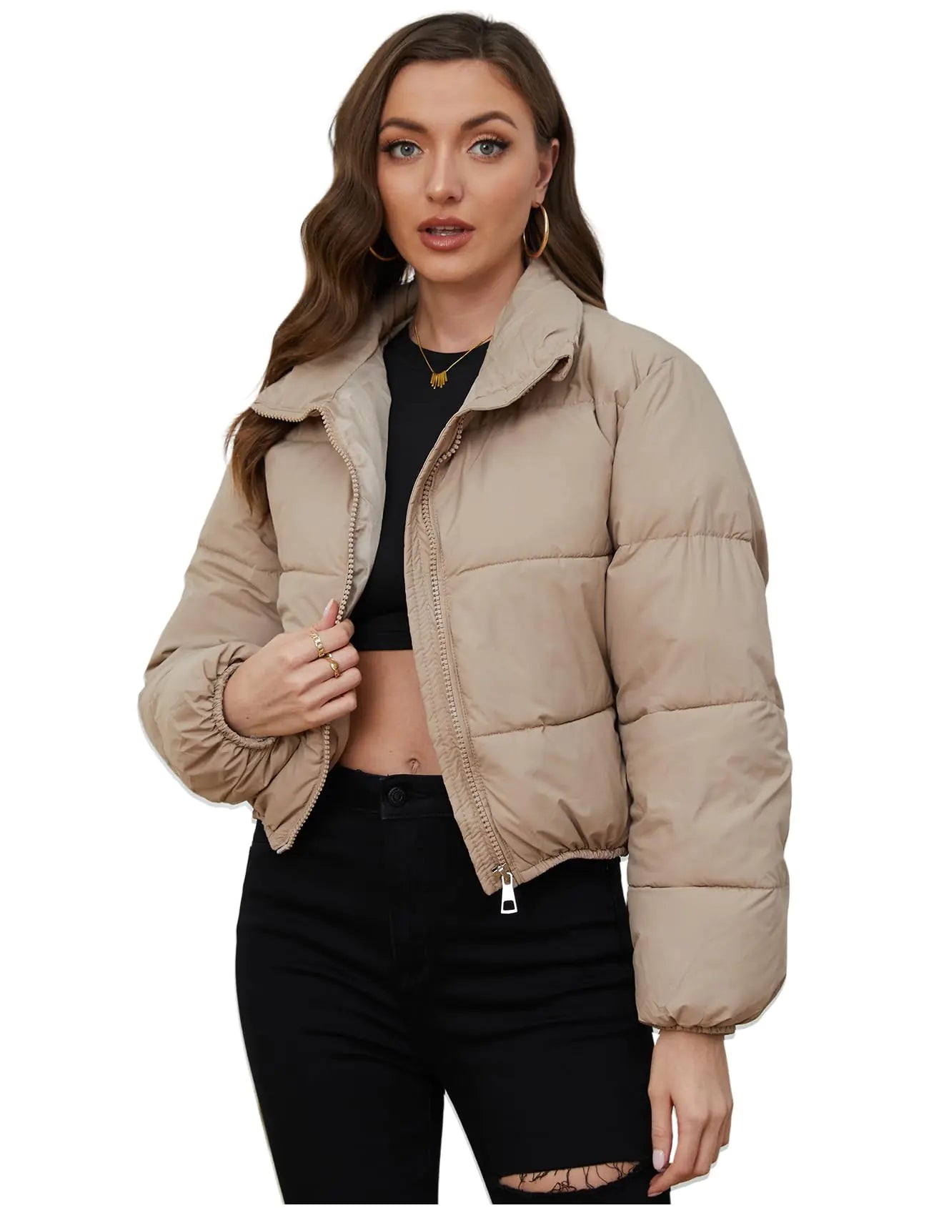 Wyeysyt Womens Cropped Puffer Jacket Winter Quilted Stand Collar Lightweight Outerwear Coats with Pockets(Khaki-L)