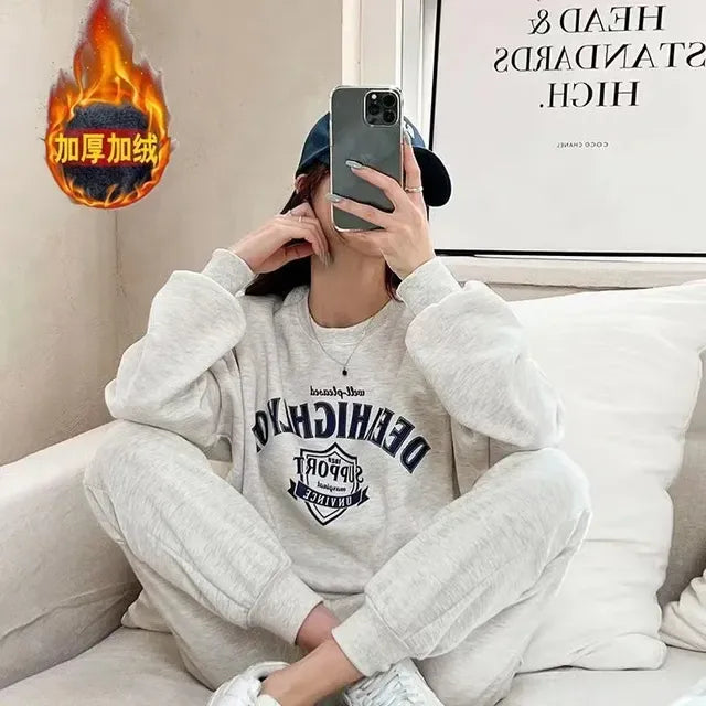 Women's Casual Fleece Tracksuit Set with Letter Print