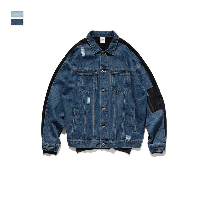 Men's Loose Fit Patchwork Denim Jacket and Hoodie