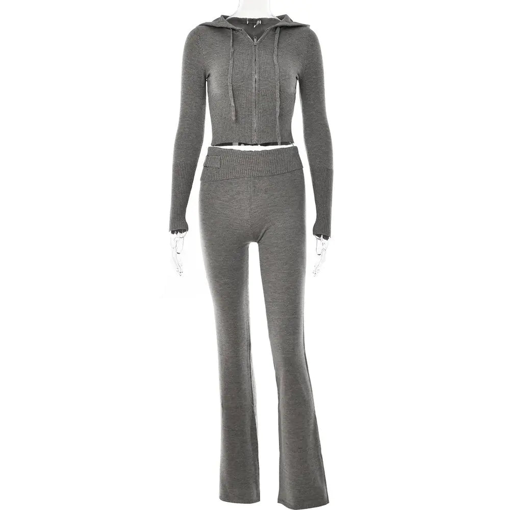 2023 Women's Fashion Knit Hoodie Set - Long Sleeve Pants