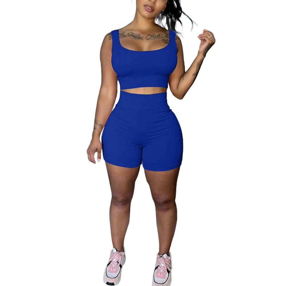 HTD Womens 2 Piece Outfits Casual Matching Sets Yoga Shorts Set Jogger Tracksuit Blue L