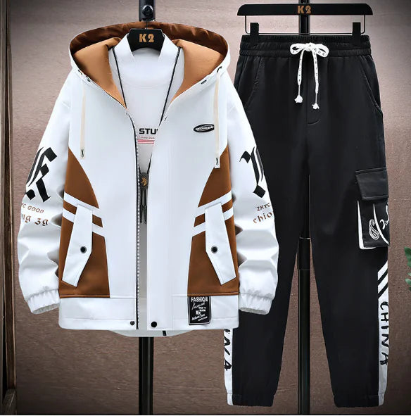 Men's Patchwork Hooded Jacket and Tracksuit Set