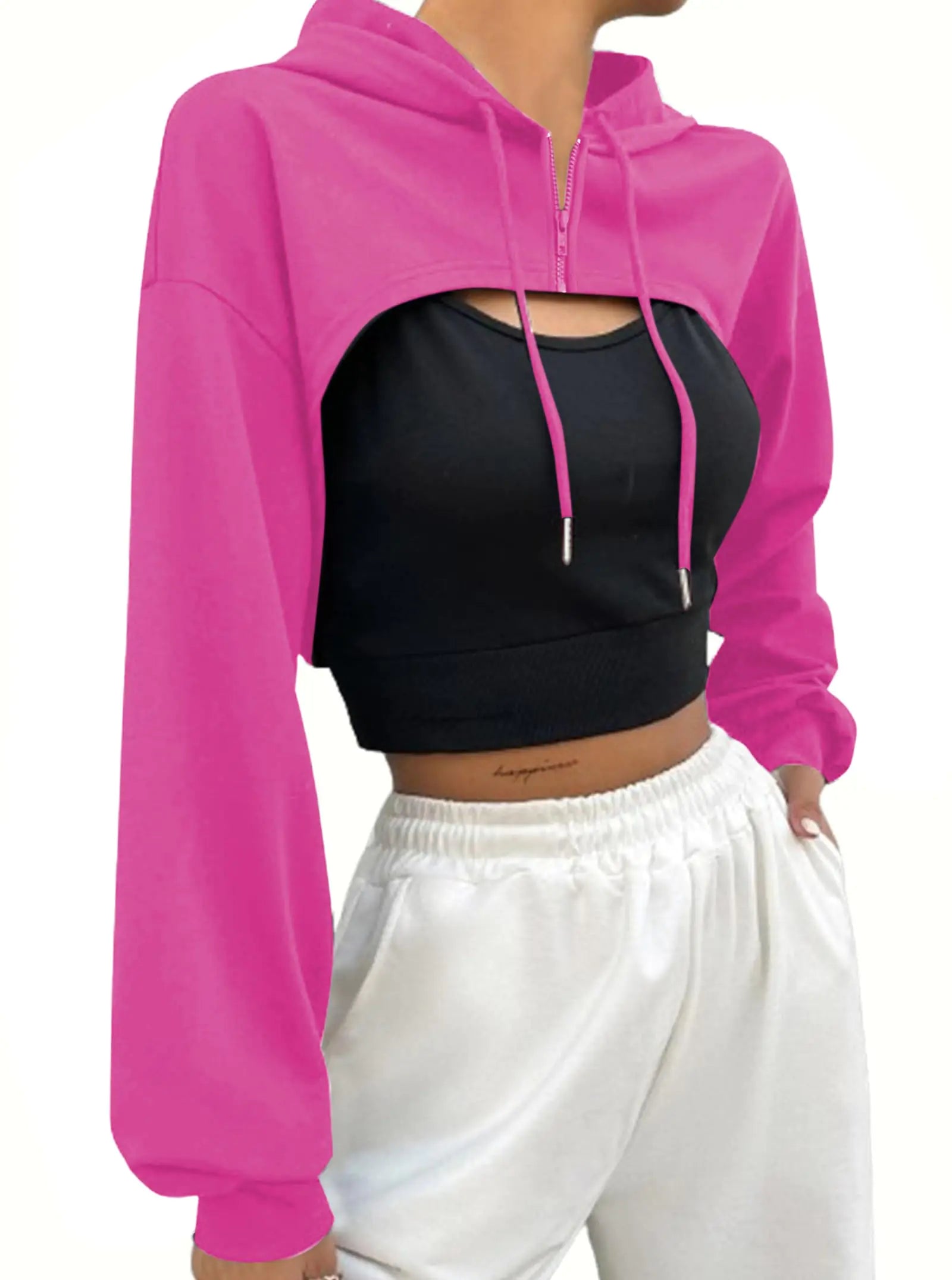 Hilinker Womens Zip Up Long Sleeve Cropped Hoodie Workout Drawstring Super Crop Tops Hot Pink Medium