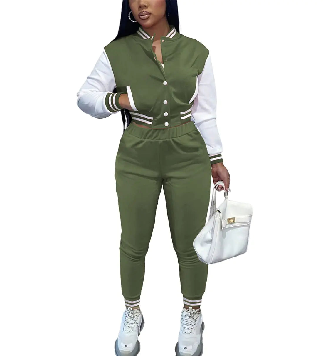 Womens 2 Piece Outfit Varsity Baseball Jacket Uniform Set Sport Tracksuit Sweatsuits