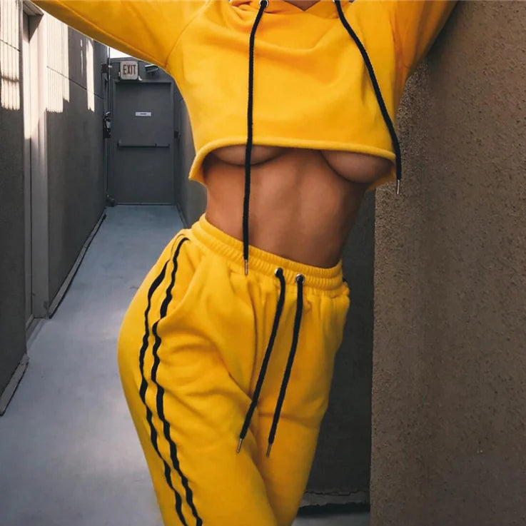 Fashionable Yellow Hooded Long Sleeve Tracksuit